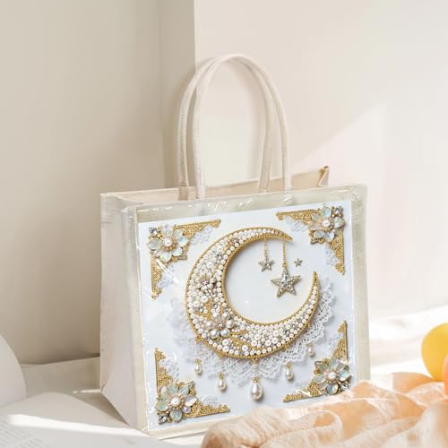 Xylzzuit DIY Pearl Painting Canvas Tote Bag Kit 11.42IN Diamond Art Handbag for Women Shopping Grocery Bag Dots Beads Art Craft Gift (Moon) - color: Moon