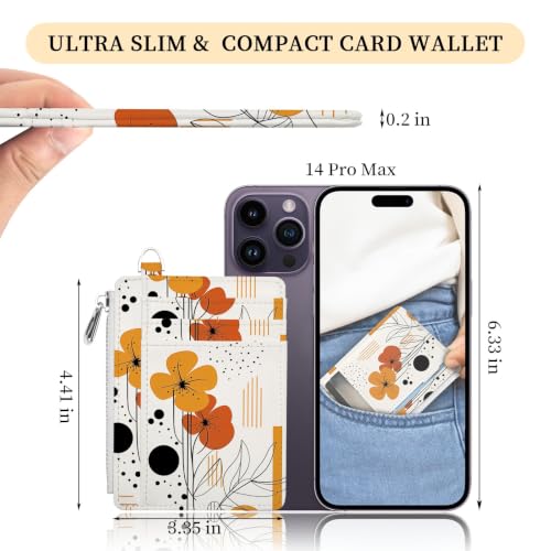 Hancynir Boho Flower Credit Card Holder Slim Wallet Women, RFID Small | Zipper Pocket Wallet, Thin Travel Coin Purse, PU Leather, Minimalist Card Case, 6 Card Slots, ID Window, Ladies Women Gifts - color: Abstract Boho Flower