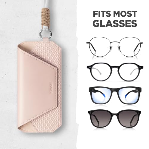 VULKIT Portable Leather Eye Glasses Case for Women & Men, Slim Sunglass Case, Unisex Eyeglass Case - color: Nude Apricot With Lanyard