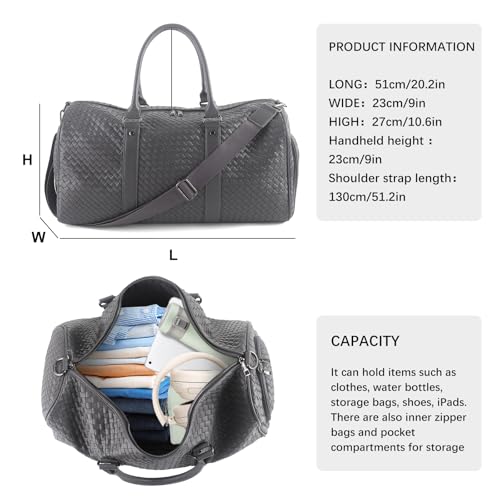Weekender Bags for Women Woven Leather Travel Duffle Bag Gym Tote (Gray) | Carry On Bag for Men with Shoe Compartment Dry and Wet Separation - color: Gray