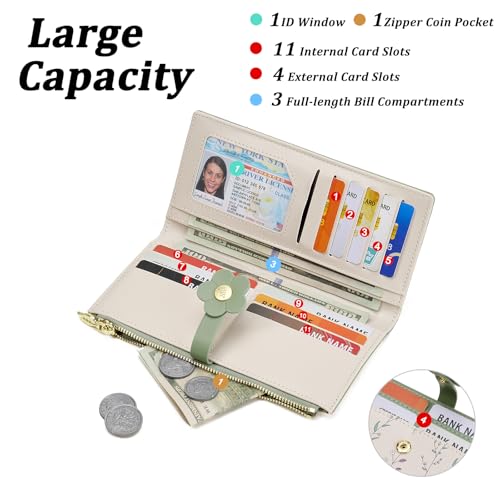 GAEKEAO Womens Wallet Slim Thin RFID Blocking Bifold Floral Vegan Leather Card Holder Large Capacity Wallet with Zipper Pocket - color: Y-Green