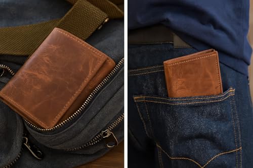 Trifold Leather Wallet for Men - RFID Slim Minimalist Front Pocket 6 Slots - color: Hunter Cognac