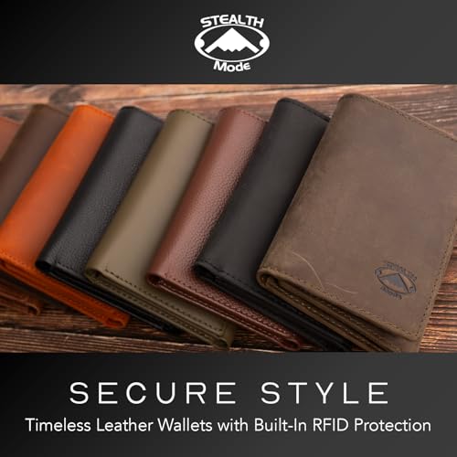 Stealth Mode Trifold Leather Wallet for Men with RFID Blocking | Black Pebble Top Grain Napa Leather, 9 Card Slots, ID Window, Gift Box – Gift for Dad, Husband, or Son - color: Black Pebble