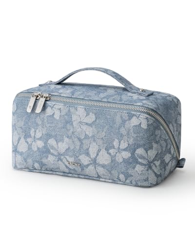 EACHY Makeup Bag, Waterproof PU Leather Travel Toiletry Bag for Women, 180° Wide-Open Flat Cosmetic Bag, Large Capacity Makeup Pouch with Divider and Handle - color: CD-Denim Blue Print, size: Medium