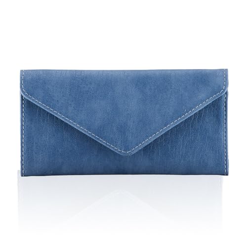 RFID Blocking Envelope Wallet, Vegan Leather Ultra Slim Trifold Multi-Card Holder with 2 ID Windows, Zippered Coin Pocket, Haze Blue - color: Haze Blue