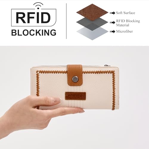 Montana West X Wrangler Womens Wallet Large Capacity Long Compact | Women's Wallets Card Cases & Money Organizers Compact Bifold Wallet for Ladies Female with Zipper Pocket - color: Bifold-Contrast Beige Brown