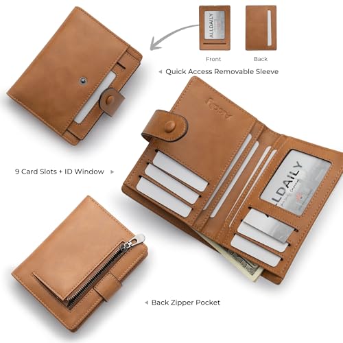 Alldaily Small Slim RFID Blocking Leather Wallet for Women, Bifold with 10 Card Slots and Coin Pocket (Brown) - color: Brown