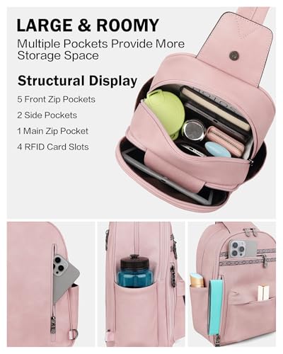 Large Sling Bag for Women, Designer 10L Leather Crossbody Purse | Anti Theft Sling Backpack, RFID Fanny Packs for Travel, Ideal for Vacation Walking Daily Errands - color: Pink Retro Style