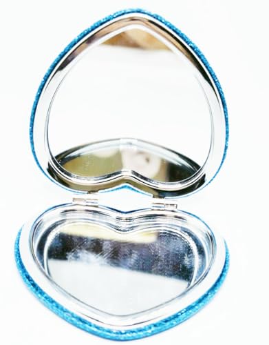 Cute Heart Shaped Compact Mirror for Purse,Blue Travel Mirror with Glitter,Leather Small Pocket Mirror,Portable 2 x 1x Magnification Folding Makeup Mirror,Cosmetic Mirror for Gift - color: Blue-heart Shape