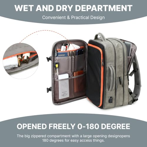 40L Travel Backpack for Men, Carry On Backpack Flight Approved, Grey | PU Leather, Flight Approved, Laptop Sleeve, Expandable, for College Travel - color: Grey