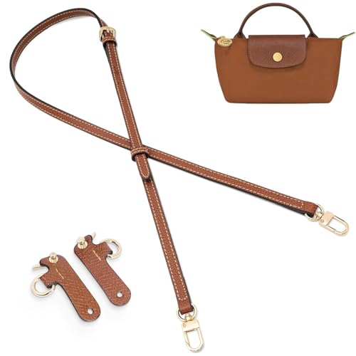 Purse Straps Replacement, Leather Handbag Crossbody Shoulder Strap Kit Adjustable for Mini Longcamp Tote Bag Women - color: Brown Gold