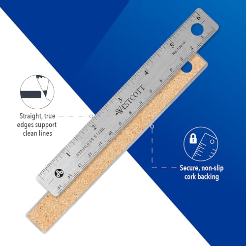 Westcott 10414 Stainless Steel Metal Ruler with Non-Slip Cork Base, 6 in