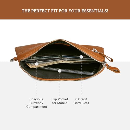 Leather Wristlet Wallet for Women Clutch Handbag Purse with Cell Phone Slot | Genuine Top Grain Leather, 8 Credit Card Slots, Detachable Strap, YKK Zipper, Gifts for Women - color: Cognac Nappa