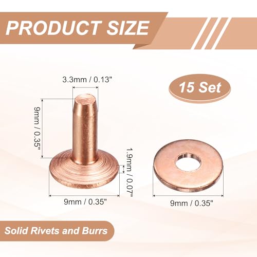 HARFINGTON 15Set Copper Rivets and Burrs Washers 9x3.3x9mm Dimpled Finish Solid Leather Rivet Fastener Studs Posts for Leather DIY Craft Belts Wallets Collars, Copper Tone - color: Copper Tone, size: 9x3.3x9mm