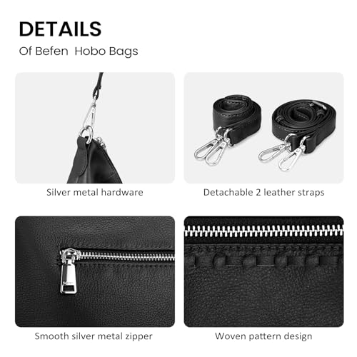 befen Genuine Leather Crossbody Hobo Purse for Women Soft Lightweight Leather Handbags with 2 Removable Straps - color: Black
