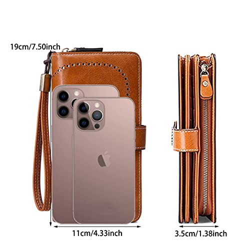 Women Leather Wallet Crossbody Shoulder Bag with Double Zipper and Mobile Phone Purse with Shoulder Strap - color: 660-brown