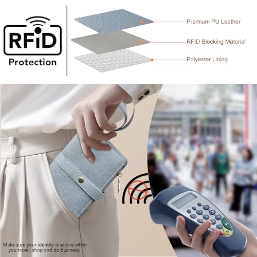Small Wallet Women RFID Blocking Vegan Leather Slim Thin Bifold Credit Card Wallet Passport Holder Ladies Travel Wallet Mini Purse with Zipper Pocket - color: Blue