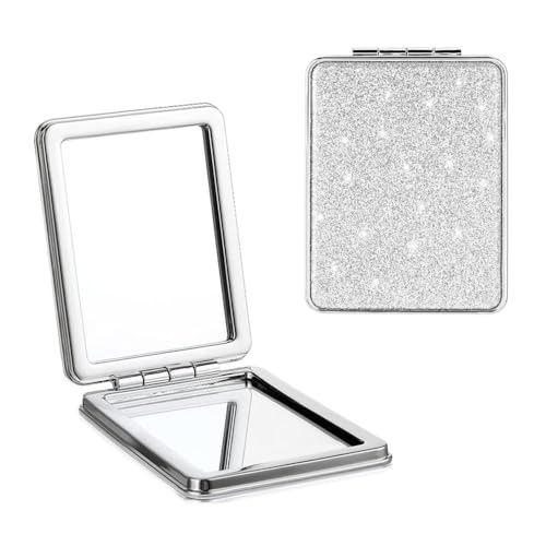 Compact Mirror for Women,Small Magnifying Travel Mirror with Glitter,Portable 2 x 1x Magnification Folding Pocket Makeup Mirror Cosmetic Mirror for Gift Travel Essentials - color: Silver-square