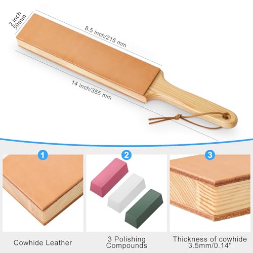 Double Side Leather Strop for Knife Sharpening - 14"x 2" Stropping Block Kit with Polishing Compound, Knife Strop with Ergonomic Handle for Honing Knives, Woodworking Chisels