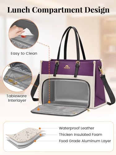 MATEIN Lunch Tote Bag, 15.6Inch Laptop Briefcase with Insulated Compartment | PU Leather Professional Computer Work Handbag with Purse, Large Capacity Office Tote for Nurse Teacher, Women Gifts, 2 Sets - color: Purple