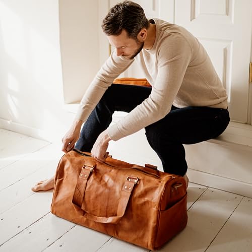 Berliner Bags Vintage Genuine Leather Duffle Bags For Men Olso- Brown - color: Brown with Shoe Compartment