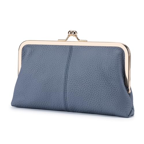 mpeak filters Vintage Kiss Lock Wallet for Women, Genuine Leather Multi-card Slots Card Holder Clutch Purse Travel Wallet (Blue) - color: Blue