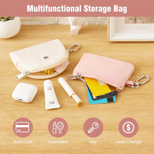 Mini Dual Pouch Wristlet Wallet for Women – Zip Around wristlet Keychain Wallet with 2 Wristlets, Ideal for Dog Walking, Coffee Runs & Lunch Break Essentials (Beige+Pink) - color: Beige+Pink