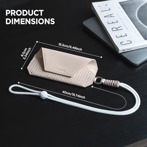 VULKIT Portable Leather Eye Glasses Case for Women & Men, Slim Sunglass Case, Unisex Eyeglass Case - color: Moonstone Beige With Lanyard