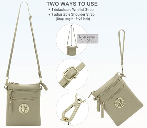 Small Multi Zipper Pockets Crossbody Bag with Detachable Wristlet - color: Nude