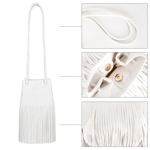 Women Mini Tassel PU Leather Crossbody Shoulder Bag Drawstring Bucket Bag | Small Fringe Cross body Bag Cell Phone Coin Purse Wallet - color: White