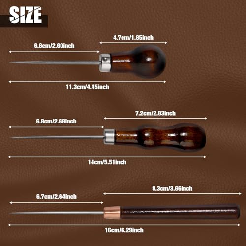 GOLD DEER 3 Pack Scratch Awl Tool with Wooden Handle Sewing Awl Gourd Shape Pin Punching for Leather Punch Hole Craft Repair Shoes Sewing Crochet DIY Handmade Stitch