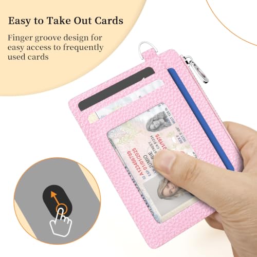 Hancynir Minimalist Slim Wallet Women Credit Card Holder, RFID Small Cute | Zipper Pocket Wallet, Thin Travel Coin Purse, Ladies Women Gifts, Key Chain Card Case, 6 Card Slots, ID Window, PU Leather - color: 01-Lichee PK Bling Wallet