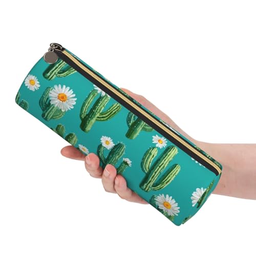 OSAM SPACE Leather Pencil Case Round Pencil Bag Cactus Daisy Pen Organizer Holder Portable Zipper Pouch Cute School Supplies for Girls Boys Study Office - color: Cactus Daisy