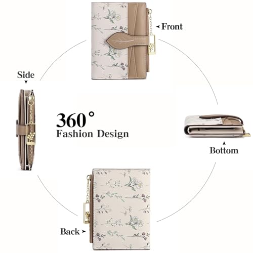 GAEKEAO Small Wallets for Women RFID Blocking Bifold Floral Vegan Leather Wallet Card Holder with Zipper Pocket ID Window - color: A02-Khaki
