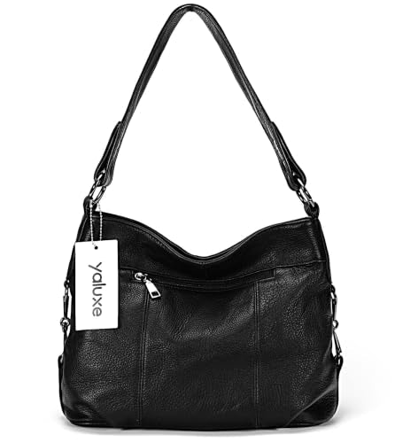 YALUXE Women's Real Leather Shoulder Bags Hobo Handbags Purse Crossbody Bag - color: Black