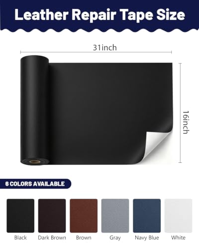 BOUYEER Leather Repair Patch Tape Kit,Self Adhesive Leather Repair for Sofa，Car Seat,Office Chair,Furniture,Jacket,Waterproof Strong Adhesive Vinyl Repair Kit. 16 in x 31 in,Fine Grained Black - color: Fine Grained Black, size: 16 in x 31 in