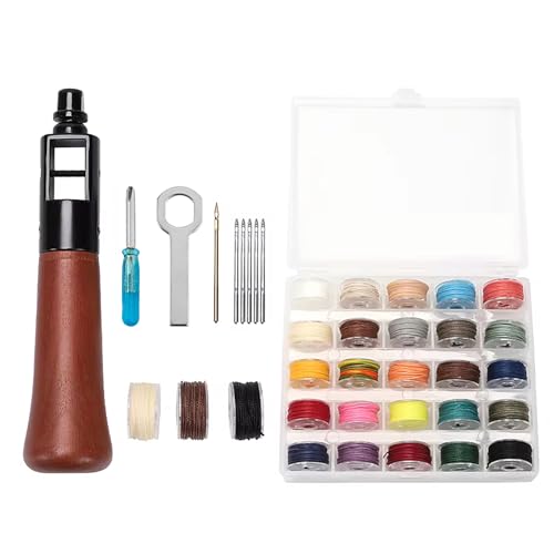 WUTA Repair Stitch Kit Leathercraft Stitch Awl Tool with 25 Colors 0.45mm Wax Thread, for Leather, Belt, Canvas, Fabric, Bag Repair Professional Stitcher Leather Craft Tool - style: Set B (Stitch Awl Kit+25 Colors 0.45mm Wax Thread)