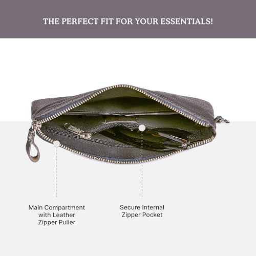 Leather Wristlet Wallet for Women Clutch Handbag Purse with Cell Phone Slot | Genuine Top Grain Leather, 8 Credit Card Slots, Detachable Strap, YKK Zipper, Gifts for Women - color: Dark Grey Nappa