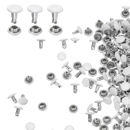 HARFINGTON 100 Sets Double Cap Leather Rivets, 6x6mm Round Cap Tubular Metal Studs Leather Crafting Rivets for Fabric Belt Pet Collar Boot Bag Repair and Decoration, White - color: White, size: 6x6mm
