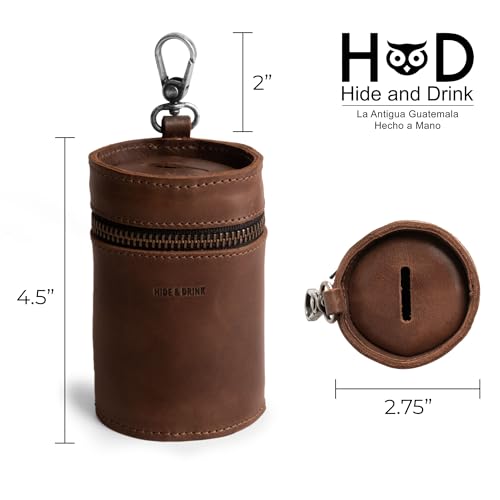 Hide & Drink Genuine Leather Coin Pouch Piggy Bank, Cash Holder Organizer, Coin Purse for Men & Women, Money Saving Box, Men's Change Purses & Pouches, Small Mens Wallet for Coins, Zippered Case Banks - color: Bourbon Brown