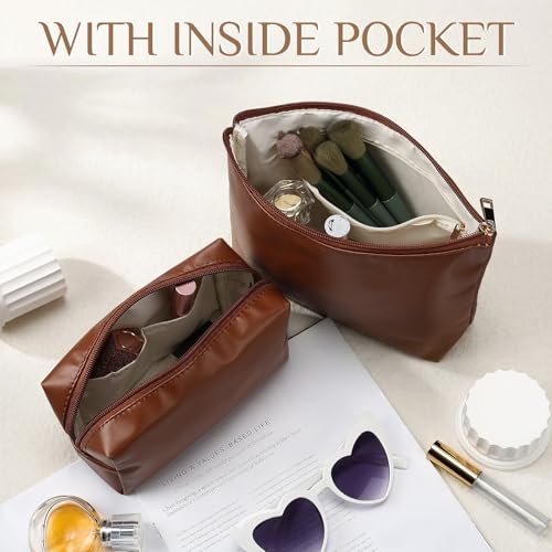Kigeli 3 Piece Leather Makeup Bag Set Graduation Women Gifts PU Leather Makeup Toiletry Bag Bridesmaid Cosmetic Pouch Small Aesthetic Travel Purse for Wedding Birthday Women Gifts(Brown) - color: brown