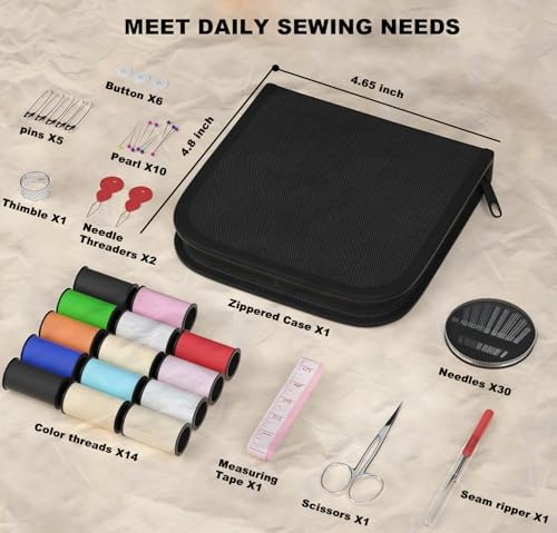 MIXCOOL Sewing Kit for Adults, Beginners, Needle and Thread Kit, Portable Sewing Supplies, Contains Thread, Scissor, Needles, Measuring Tape - color: balck, size: S
