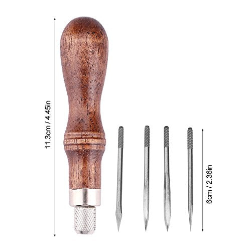Fdit 4 in 1 Wooden Handle Leather Craft Sewing Kit Awl DIY Hole Punch Tool for Leather Sewing Hand Stitching