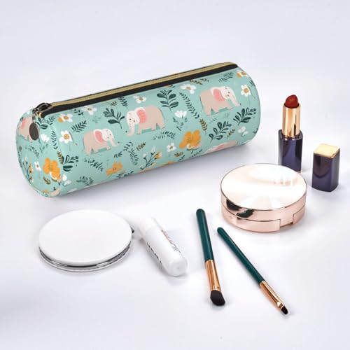 OSAM SPACE Leather Pencil Case Round Pencil Bag Cartoon Elephants Flowers Pen Organizer Holder Portable Zipper Pouch Cute School Supplies for Girls Boys Study Office - color: Cartoon Elephants Flowers