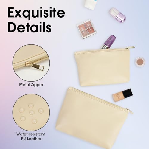 Wandering Nature Makeup Bag Small Cosmetic Bag for Purse 2 Pack Small Make Up Pouch Vegan Leather Cute Travel Pouch with Zipper for Women,Beige - color: Beige1
