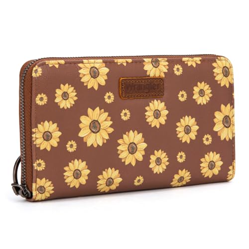 Wrangler Brown Daisy Wallets for Women Large Capacity Wristlet Wallets, Card Cases & Money Organizers Ladies Female Clutch Credit Card Phone Wallet with Smooth Zipper and ID Window - color: Daisy-Brown