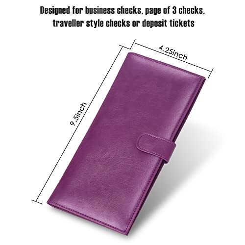 LLi Cufite Business Size and Travelers Check Large Checkbook Cover for Side & Top Tear Checks, Deposit Tickets, Companion Checks, Leather Check Book Cover with Duplicate Check Sleeve & Card Slots - color: Purple