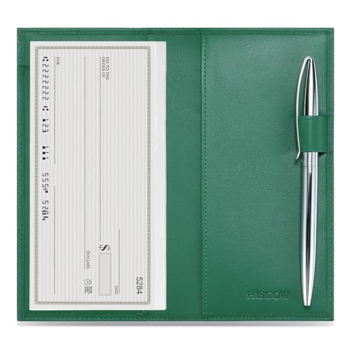 HISCOW Leather Checkbook Cover for Duplicate Checks with Pen Holder - color: Green