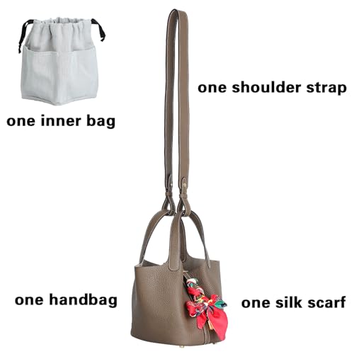 Genuine Leather Bucket Bag with Shoulder Strap, Organizer Insert & Silk Scarf for Women Handbag Tote Bag - color: Elephant Gray-gold