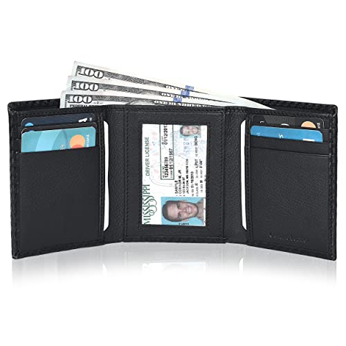 Trifold Leather Wallet for Men - RFID Slim Minimalist Front Pocket 6 Slots - color: Black Nappa/Carbon
